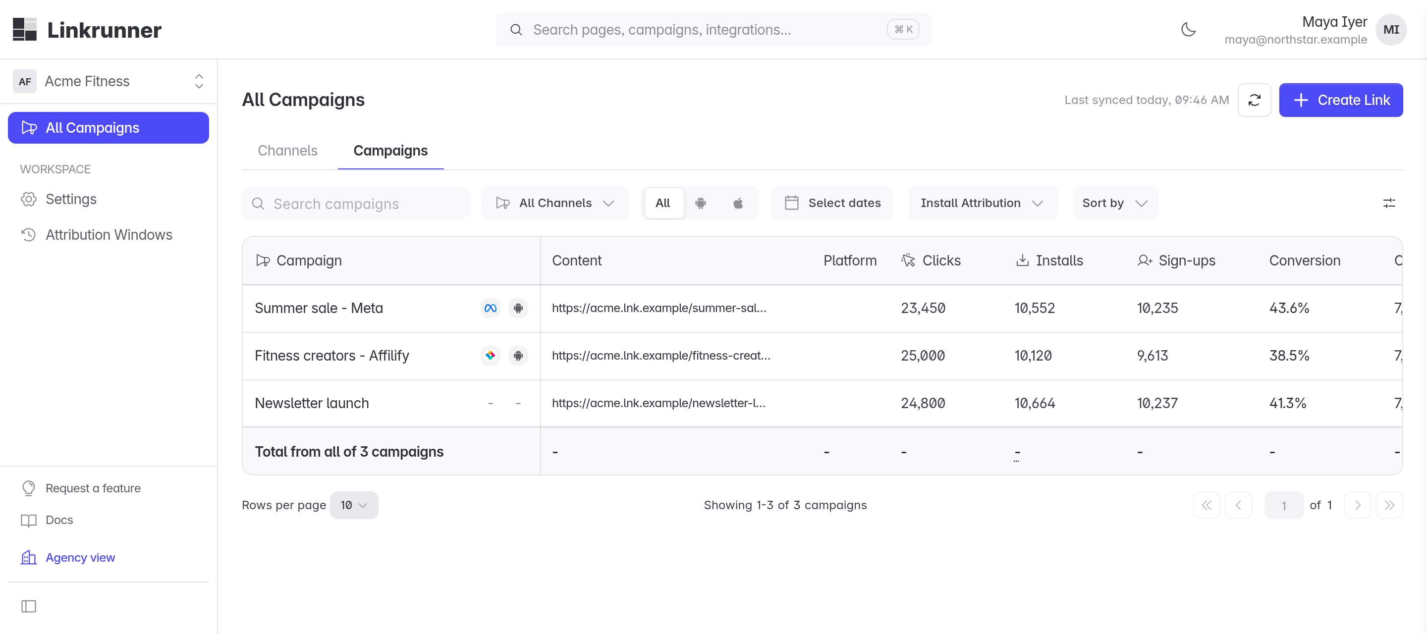 Create Link on the agency's All Campaigns page