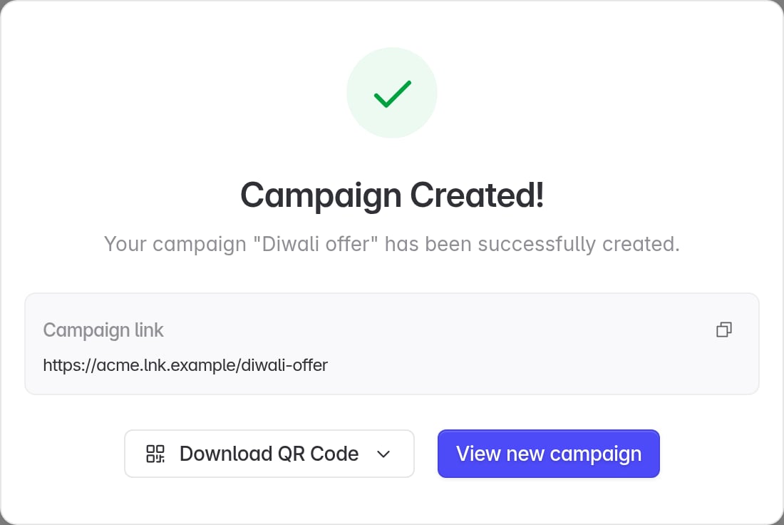 Campaign created screen with the campaign link
