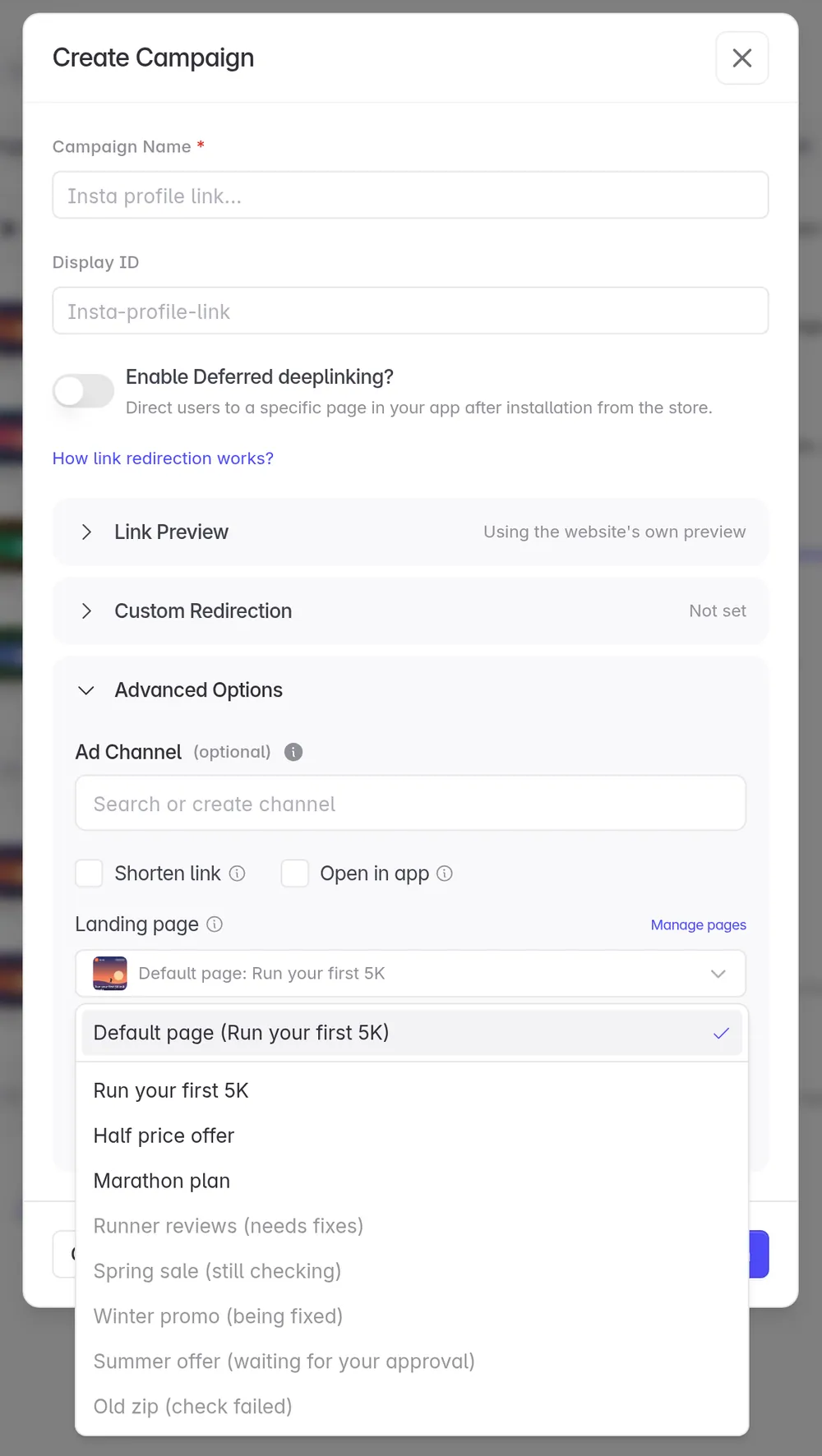 Landing page field when creating a campaign