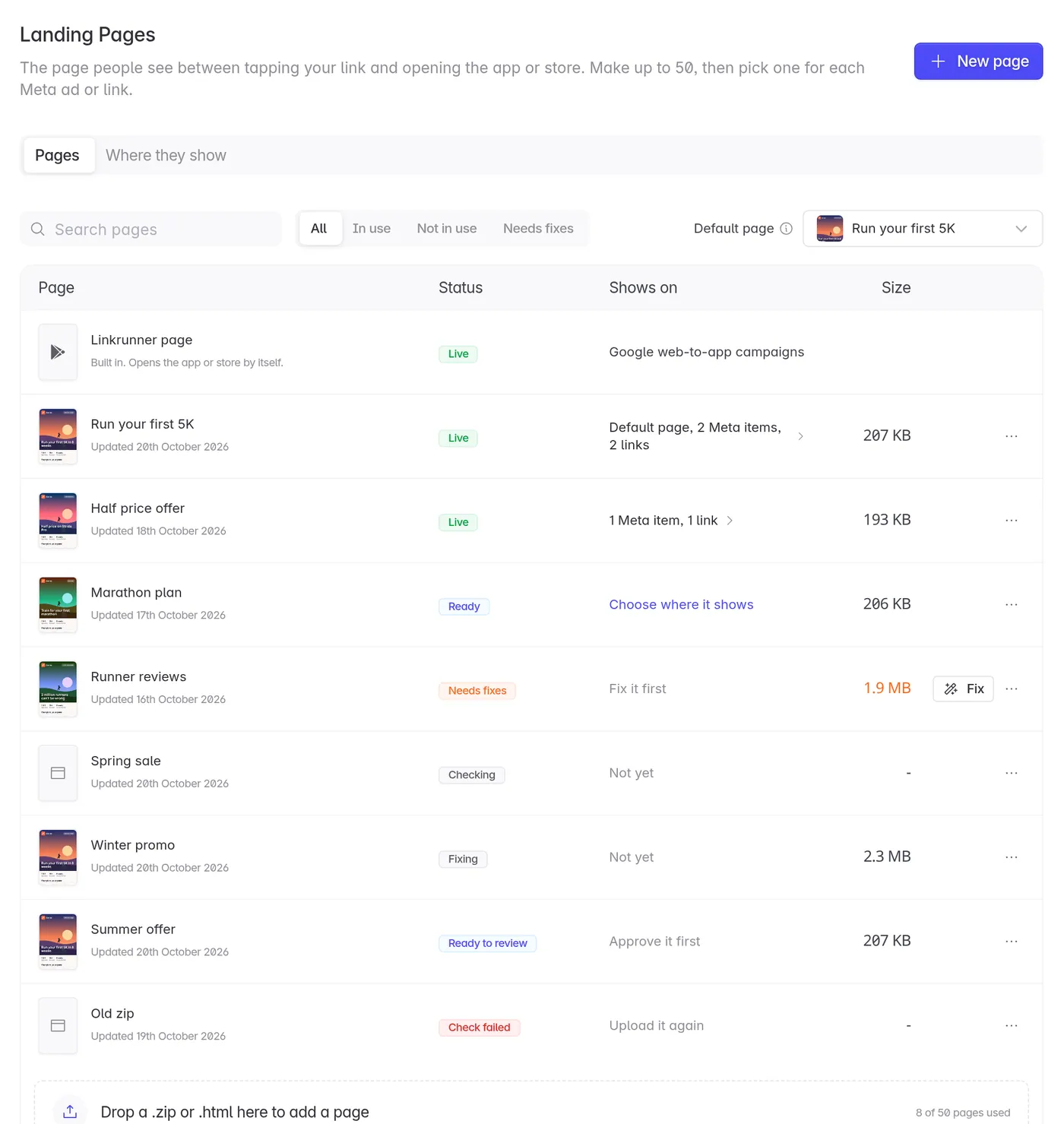Landing Pages library with a page in each status