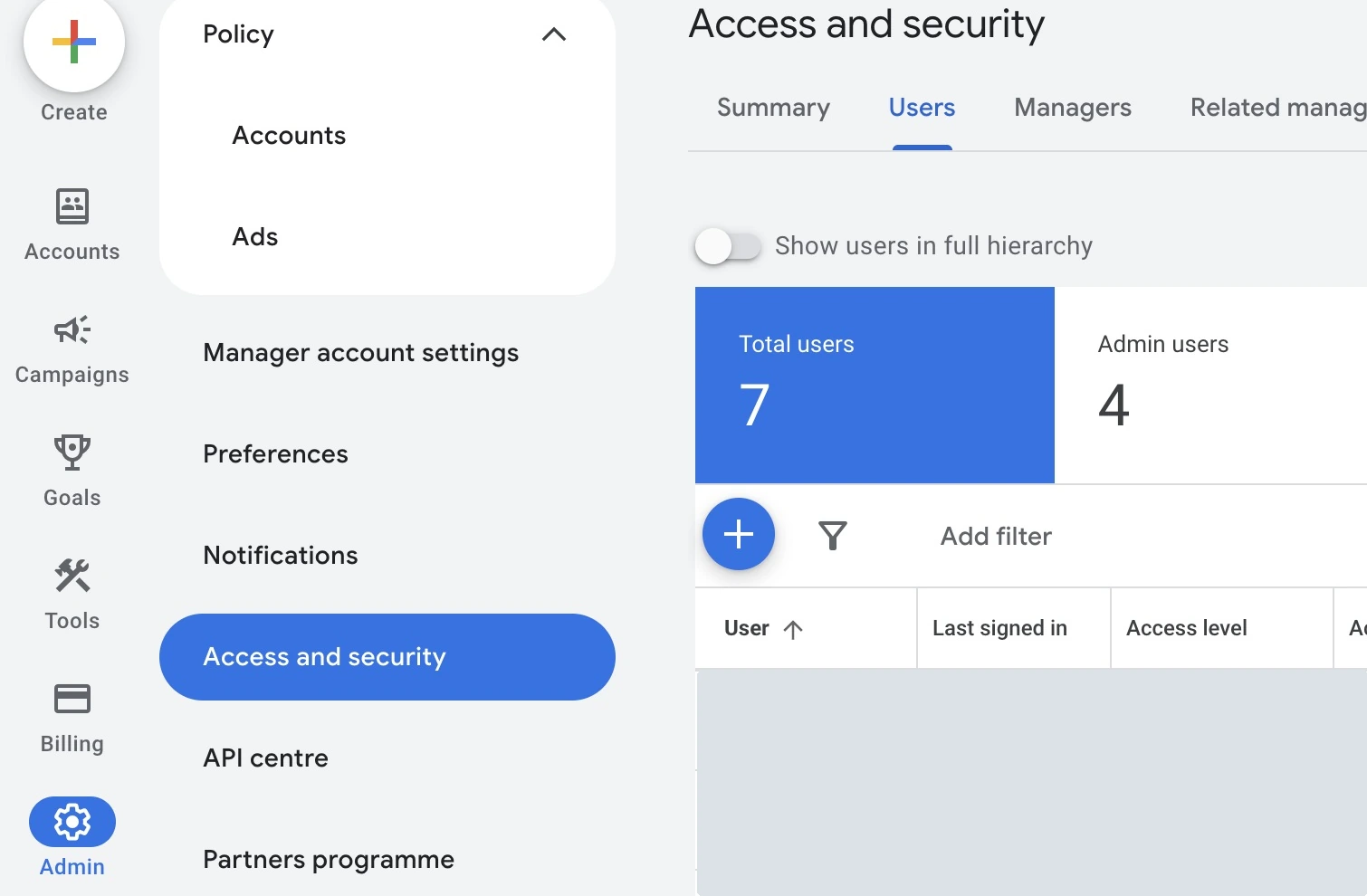 Google Ads Admin navigation with Access and security, the Users tab, and the blue add-user button