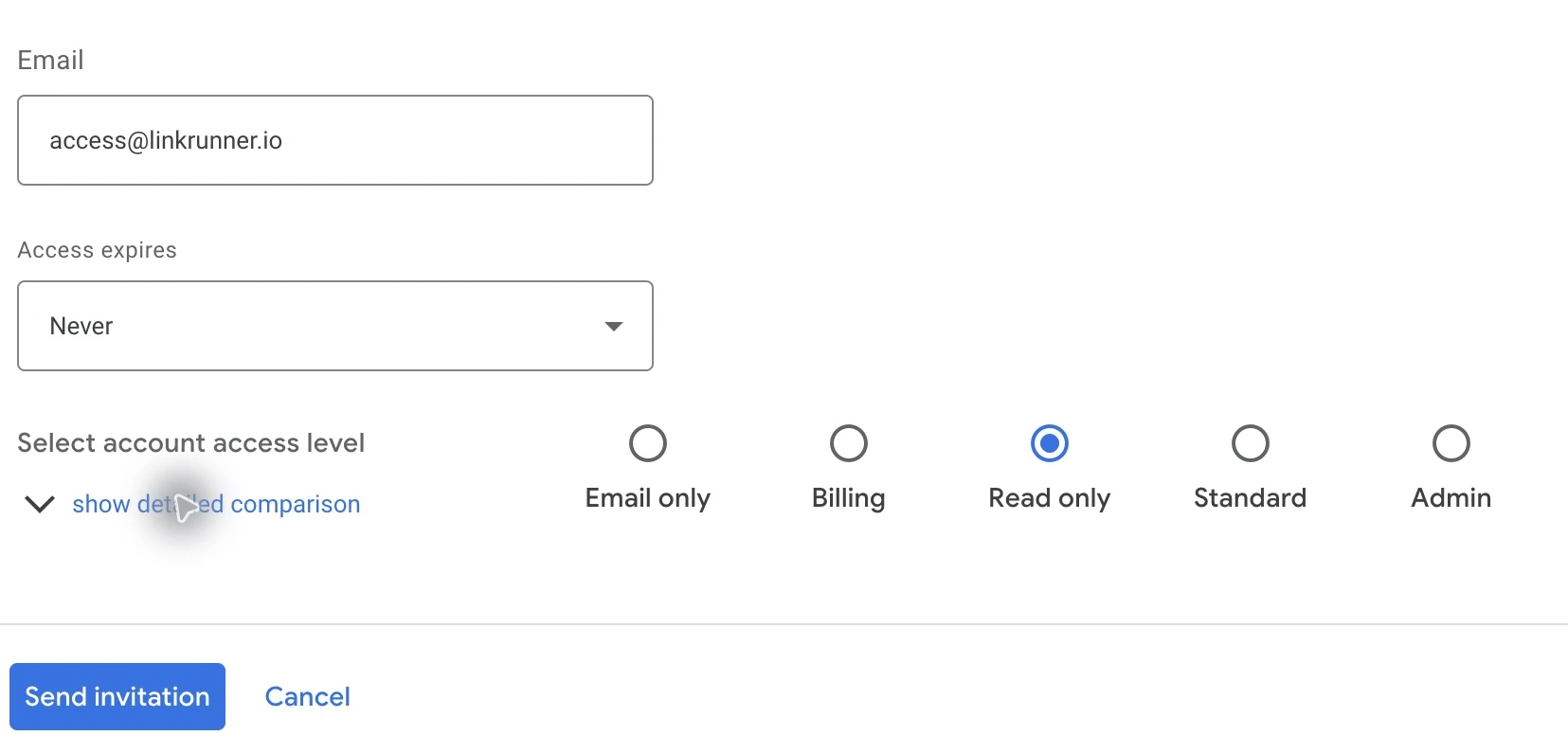 Google Ads invitation form with access@linkrunner.io and Read only selected