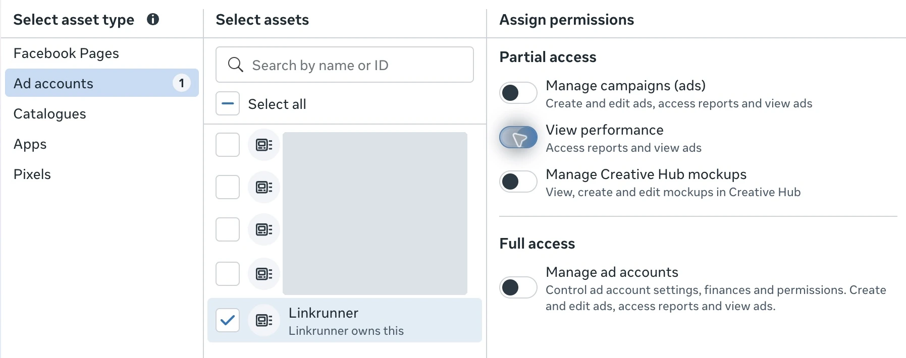 Meta ad account assignment with View performance enabled