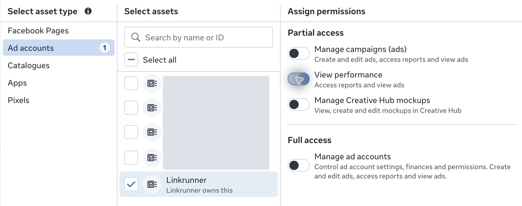 Meta ad account assignment with View performance enabled