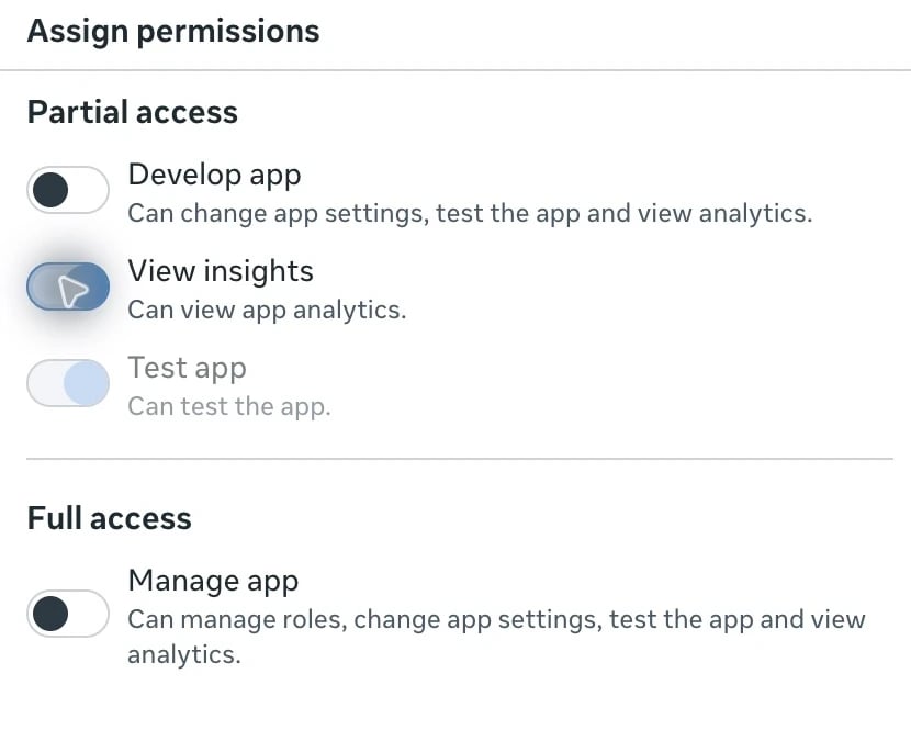 Meta app permissions with View insights and its included Test app permission enabled