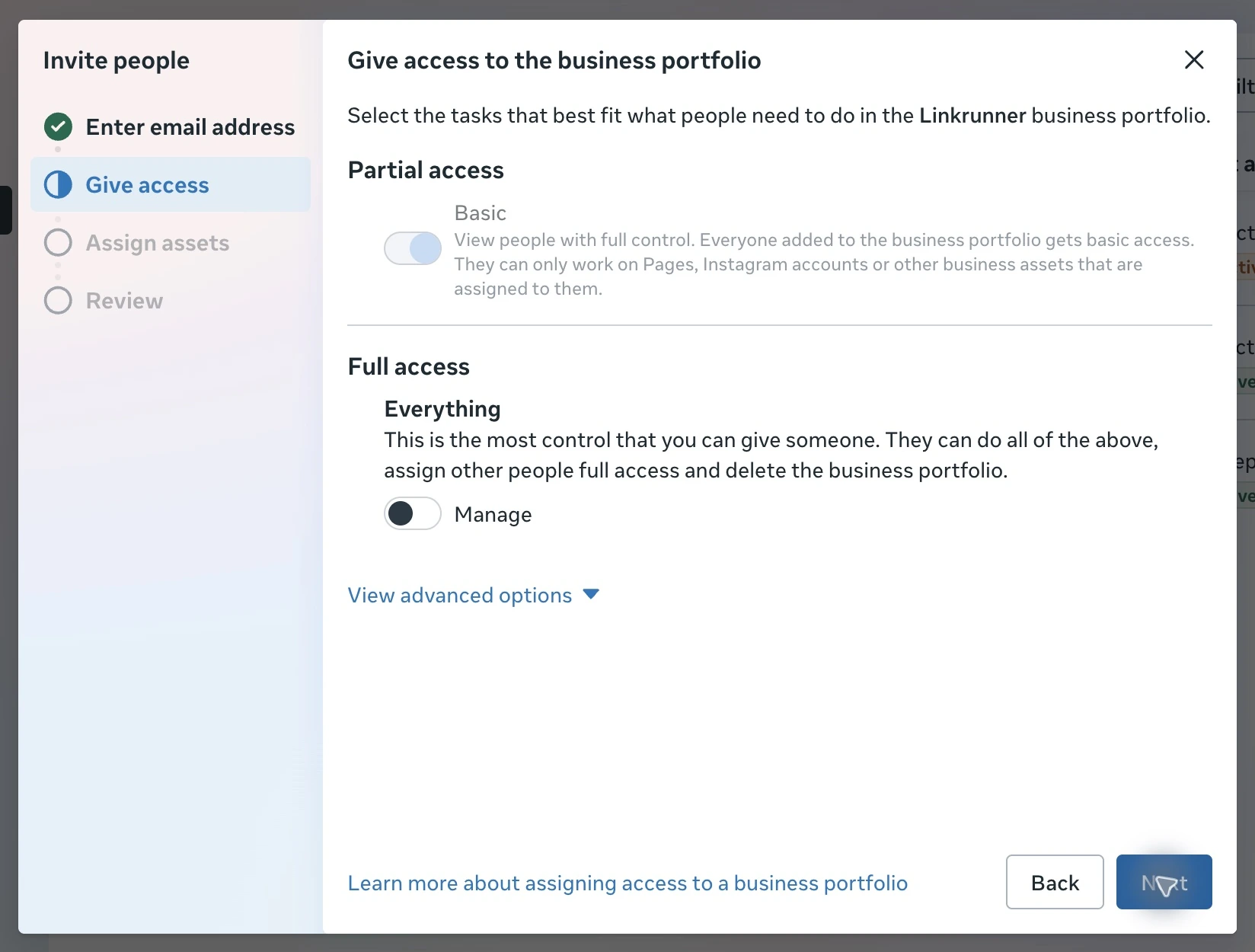 Meta business portfolio permissions with Basic access enabled and Full access Manage disabled
