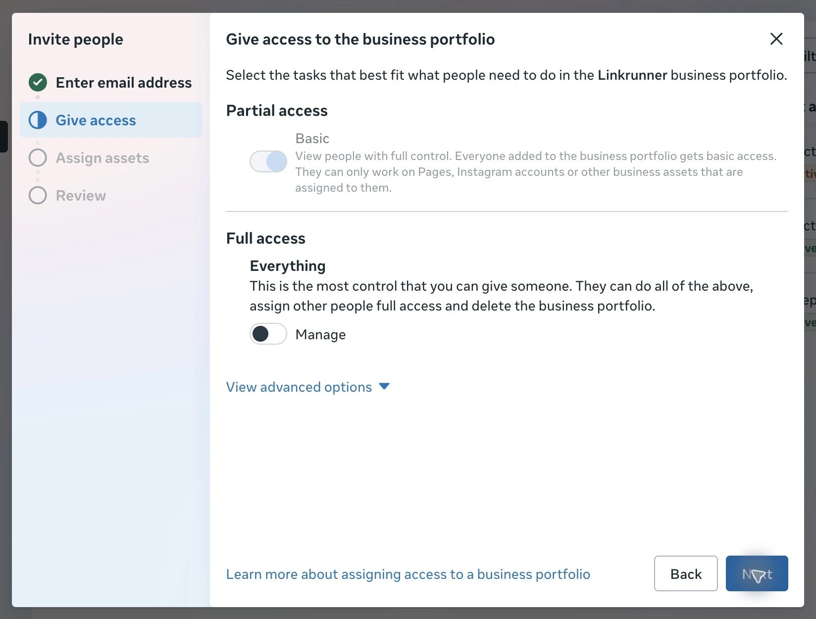 Meta business portfolio permissions with Basic access enabled and Full access Manage disabled