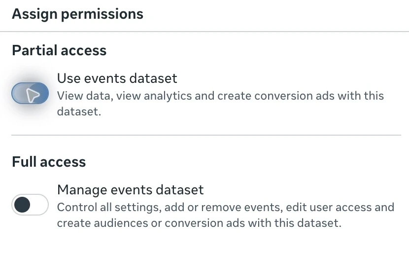 Meta dataset permissions with Use events dataset enabled and Manage events dataset disabled