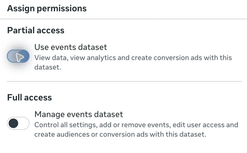 Meta dataset permissions with Use events dataset enabled and Manage events dataset disabled