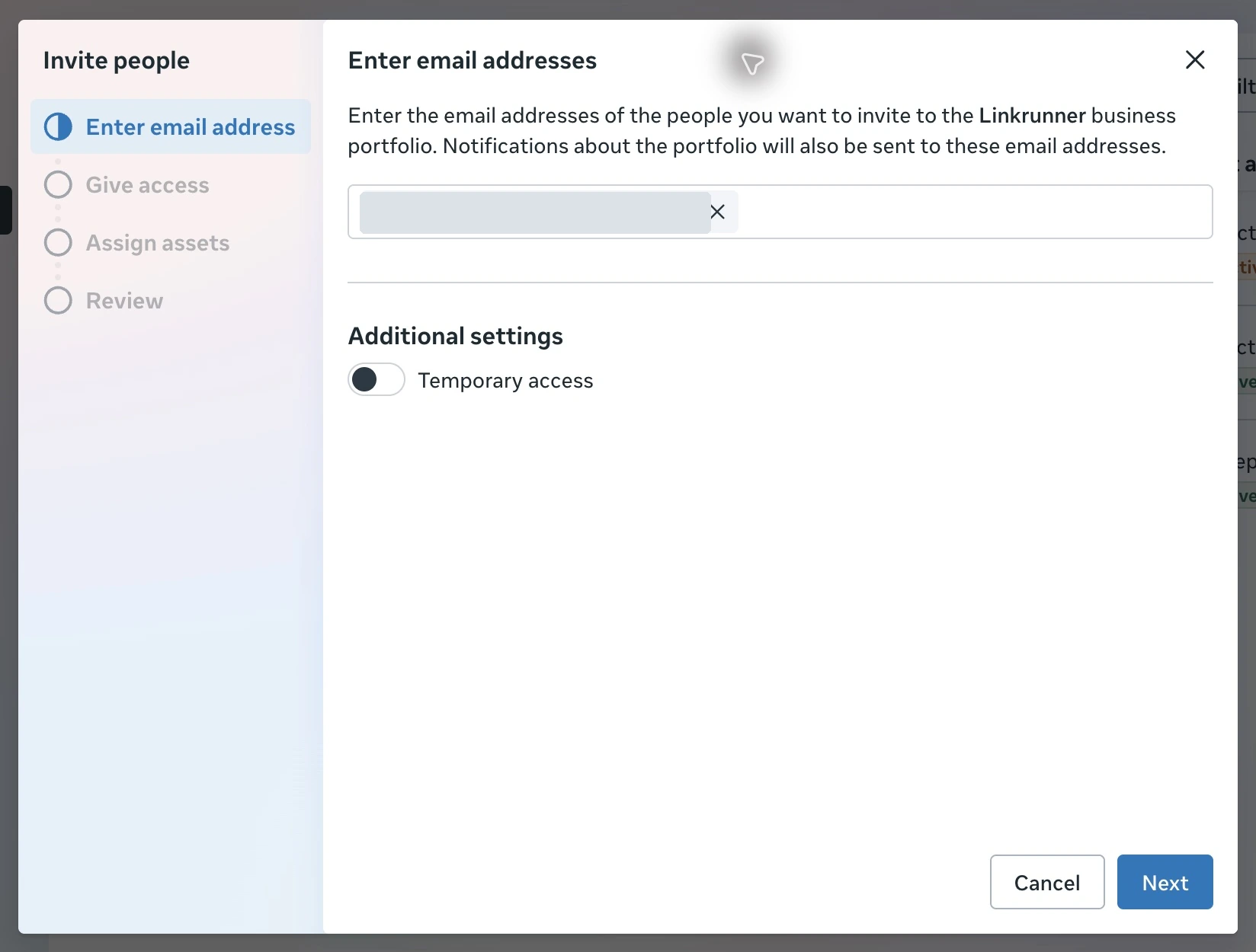 Meta invitation email step with the address redacted and Temporary access available