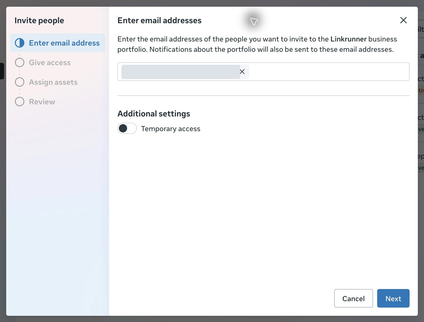 Meta invitation email step with the address redacted and Temporary access available