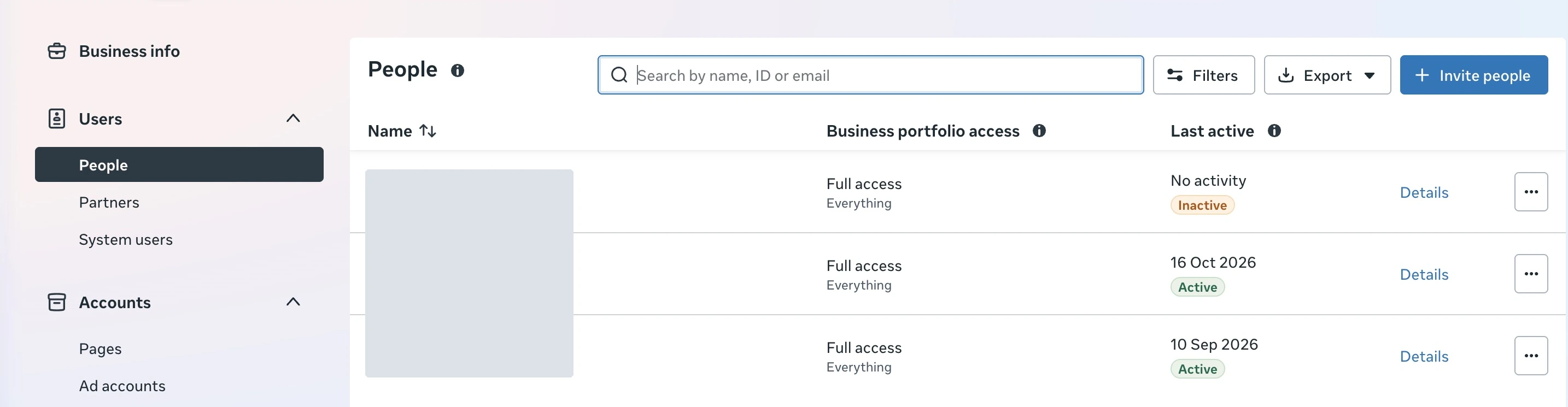 Meta Settings with Users, People, and the Invite people button