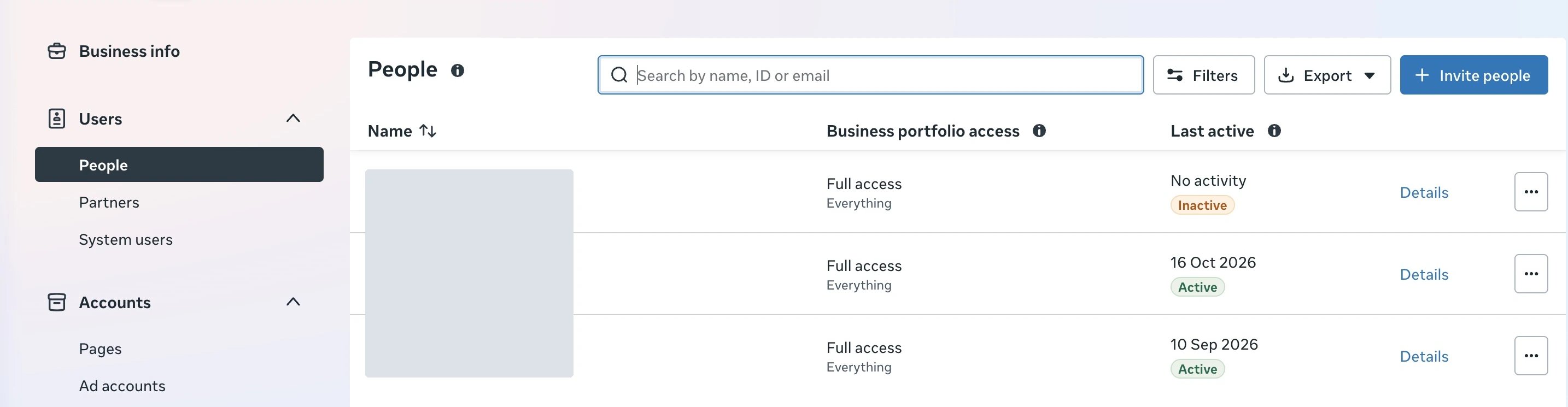 Meta Settings with Users, People, and the Invite people button