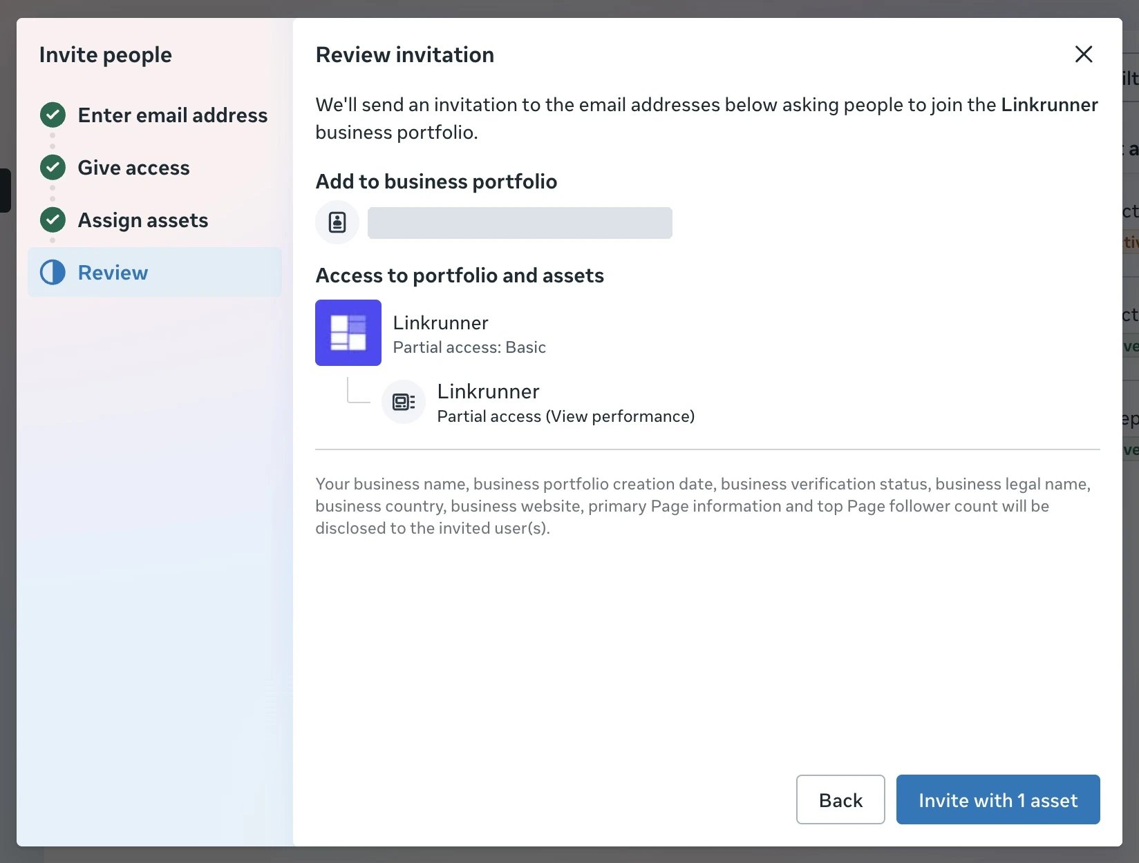 Meta invitation review showing Basic portfolio access and View performance for one ad account