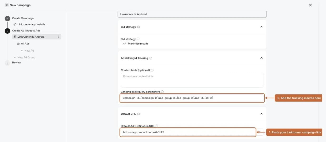 Setting the Linkrunner campaign link and tracking macros on a ChatGPT ad group