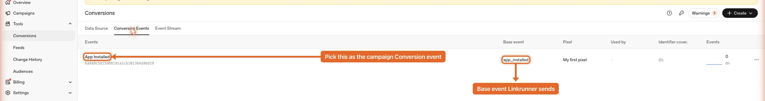 The Conversion Events tab in ChatGPT Ads Manager