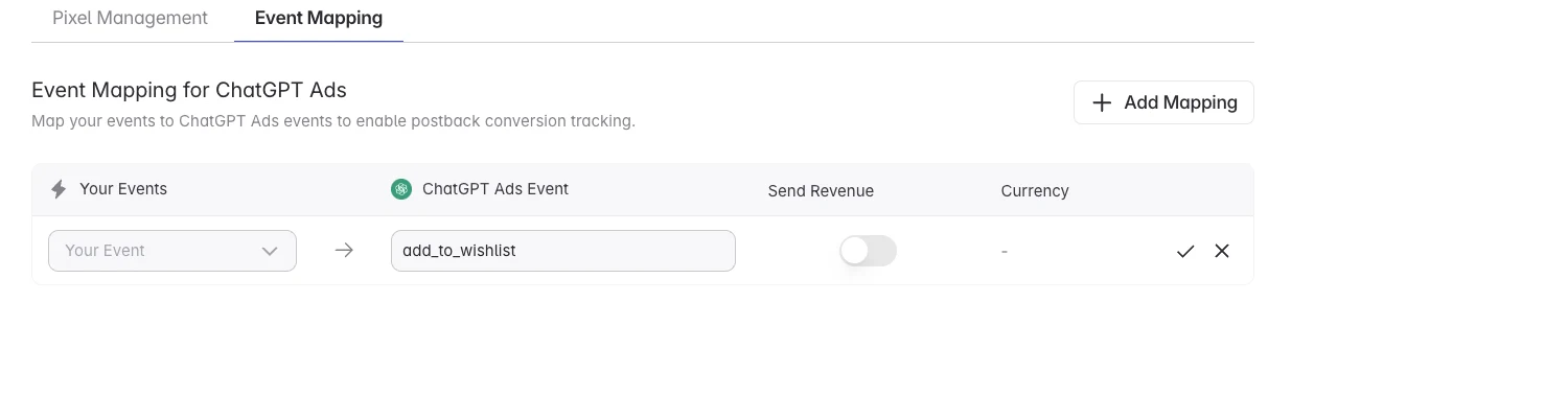 Typing a custom event name in the ChatGPT Ads event mapping