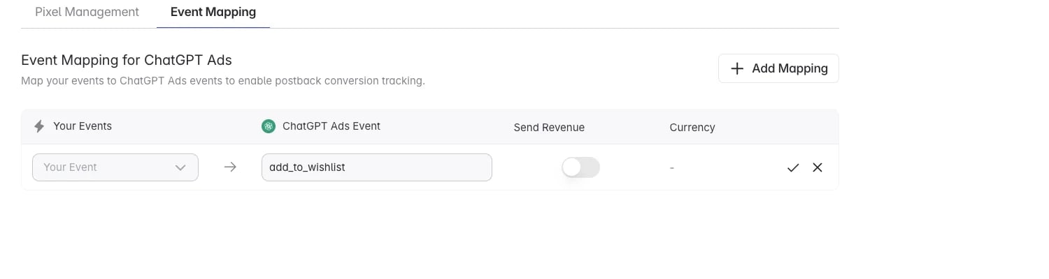 Typing a custom event name in the ChatGPT Ads event mapping