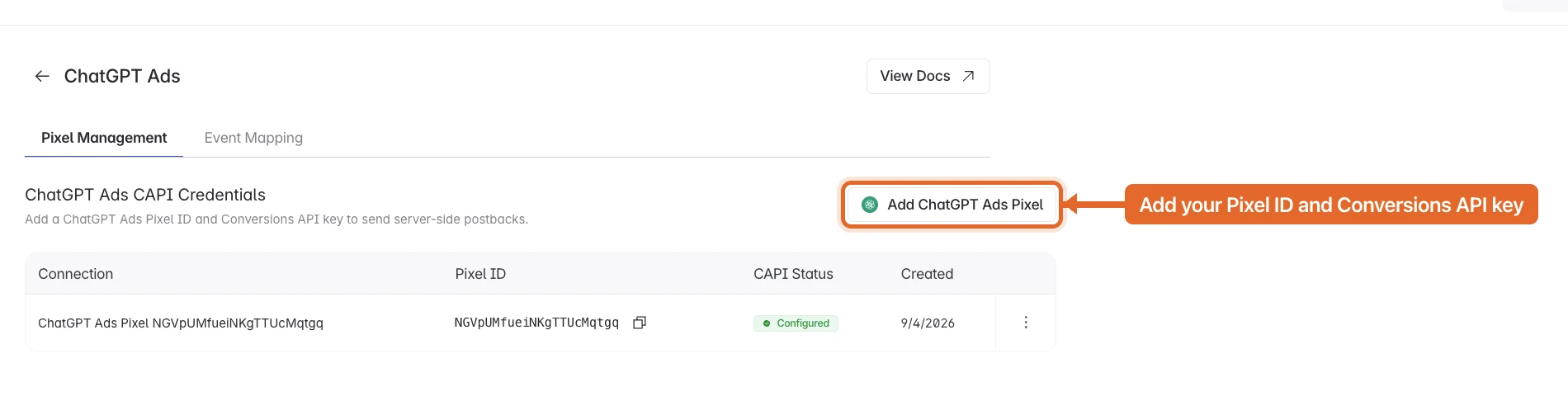 Pixel Management on the ChatGPT Ads integration page in Linkrunner