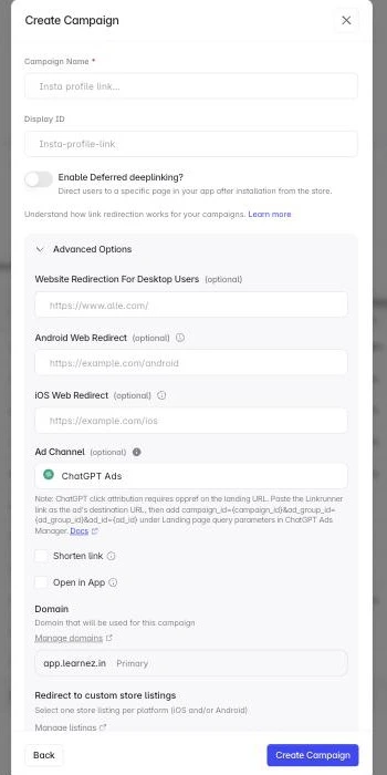 Select ChatGPT Ads as the ad channel when creating a Linkrunner campaign