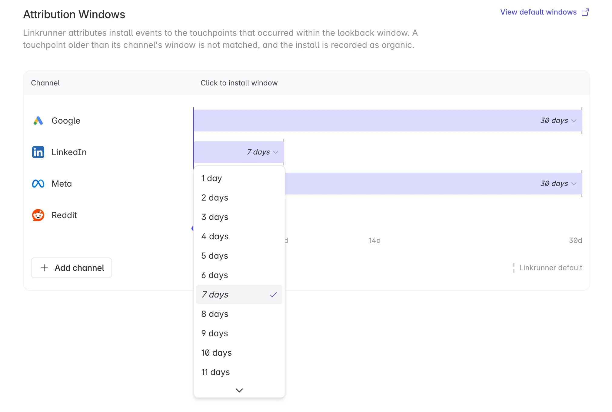 Click-to-install window selector with values from 1 to 30 days