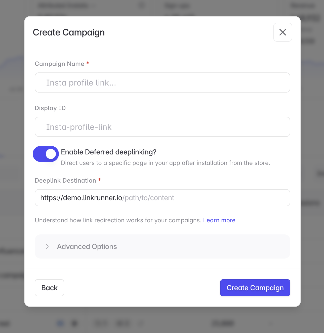 Deferred Deep Linking field in the Create Campaign form