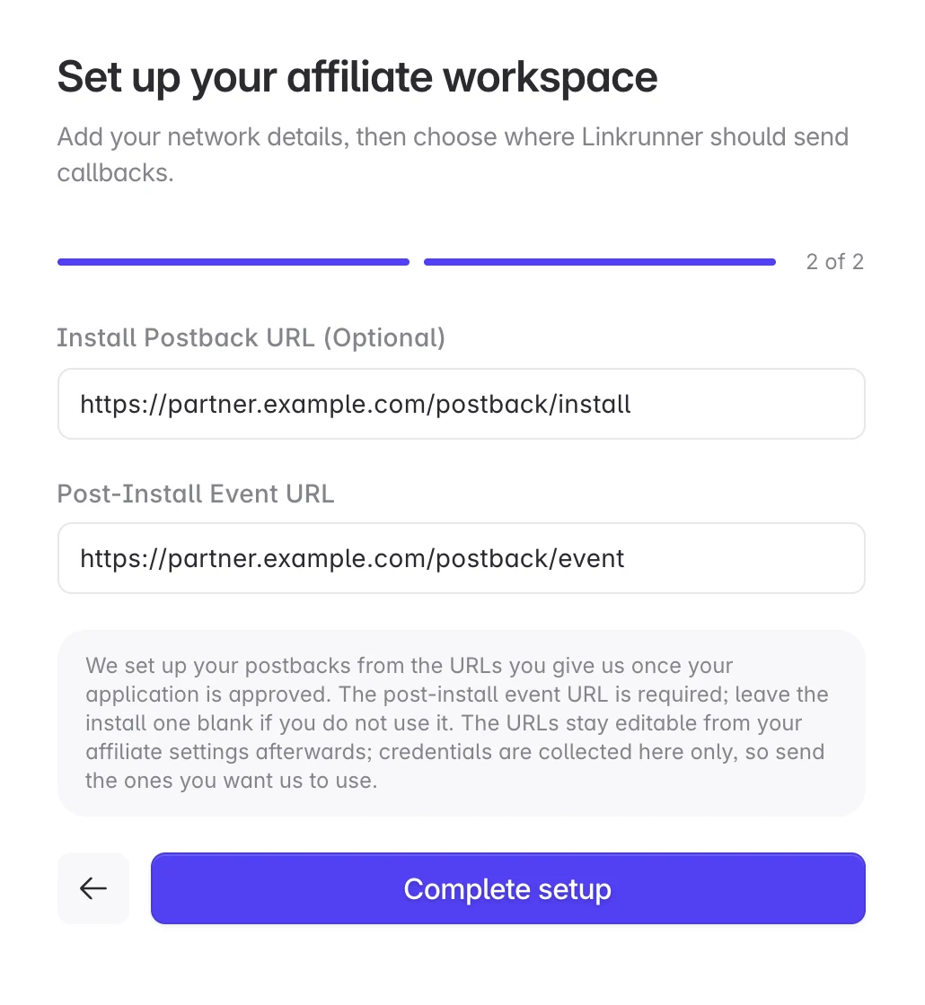 Affiliate postback URL setup