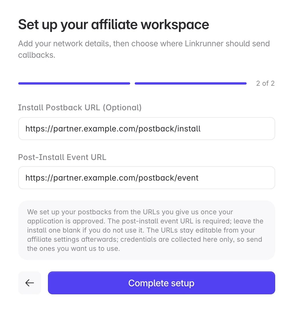 Affiliate postback URL setup
