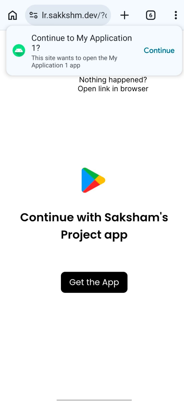 Continue to app popup shown on the Linkrunner redirect page