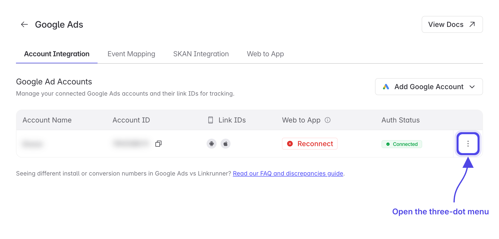 Linkrunner Google Ad Accounts table with the three-dot menu on the account row highlighted