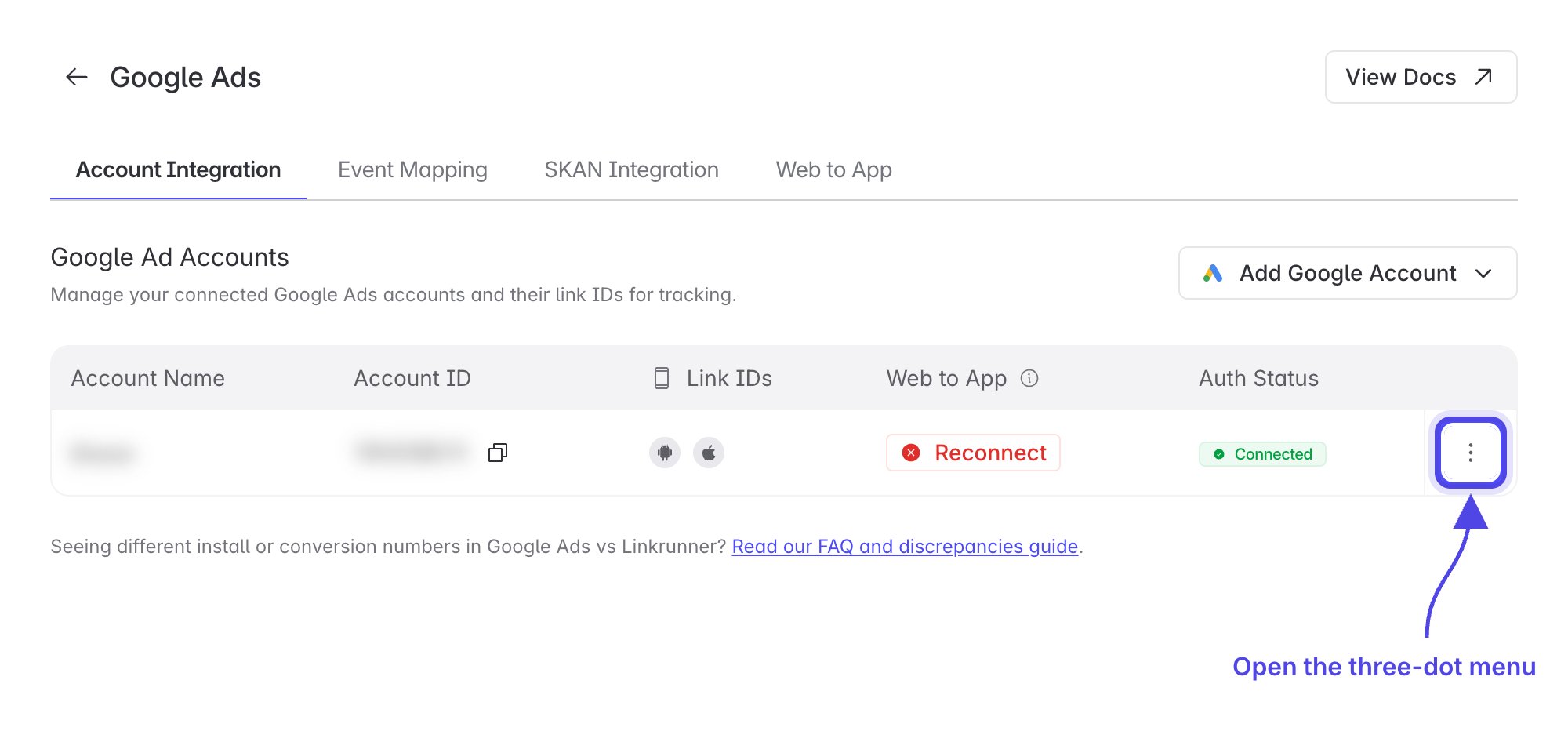 Linkrunner Google Ad Accounts table with the three-dot menu on the account row highlighted
