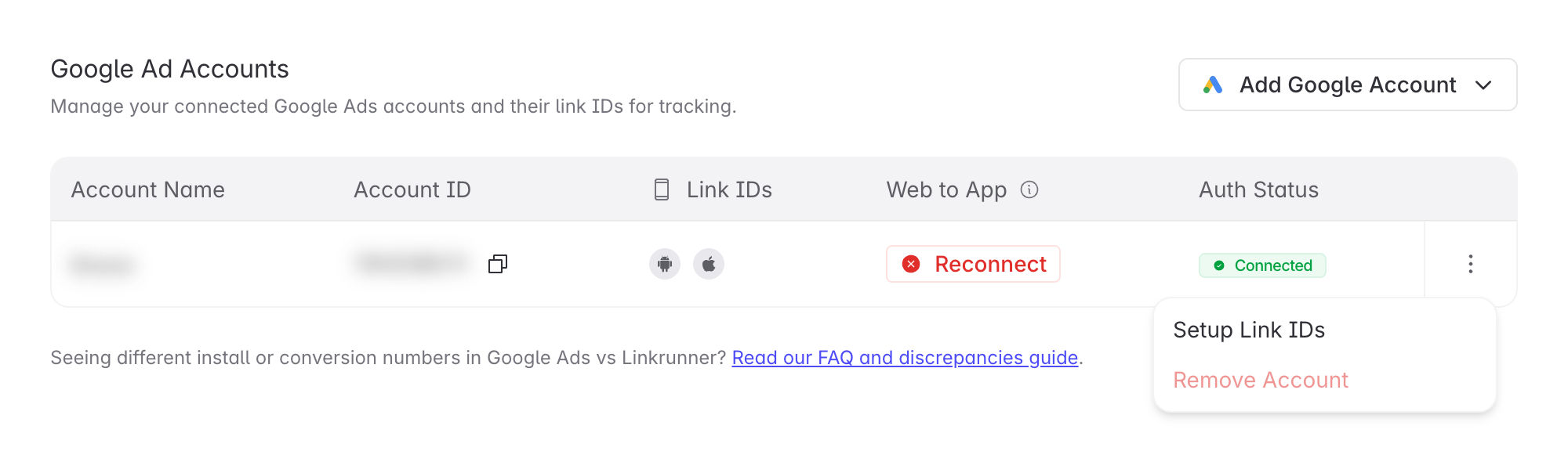 Account row menu open showing the Setup Link IDs option
