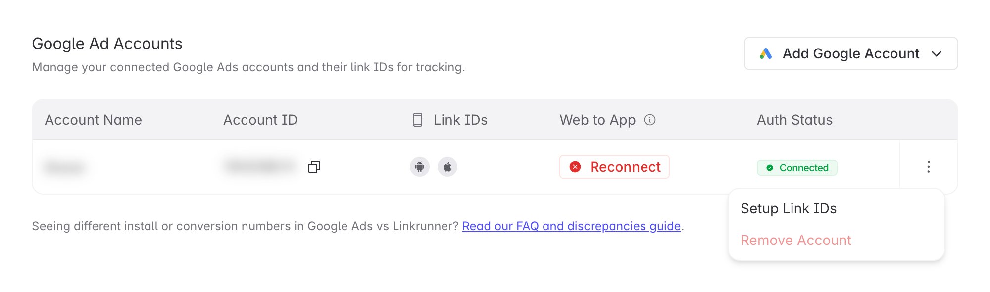 Account row menu open showing the Setup Link IDs option