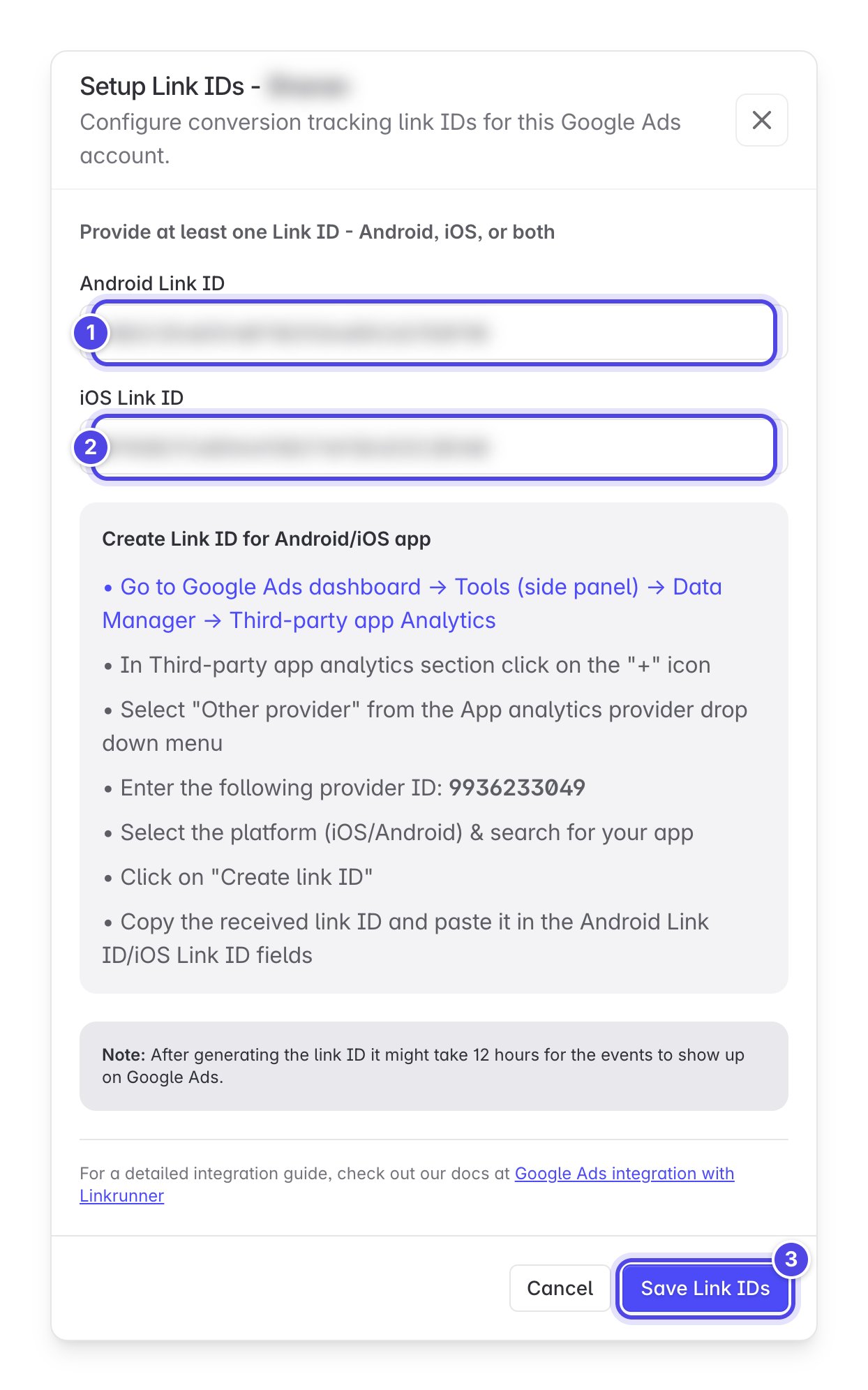 Setup Link IDs dialog with the Android field, iOS field, and Save Link IDs button highlighted in order