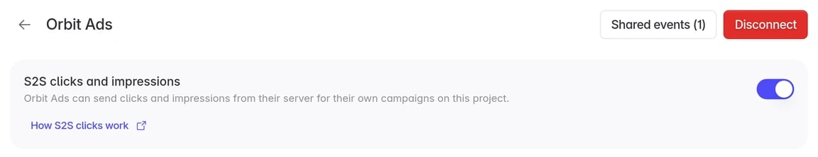 The S2S clicks and impressions switch, turned on, at the top of the partner's page