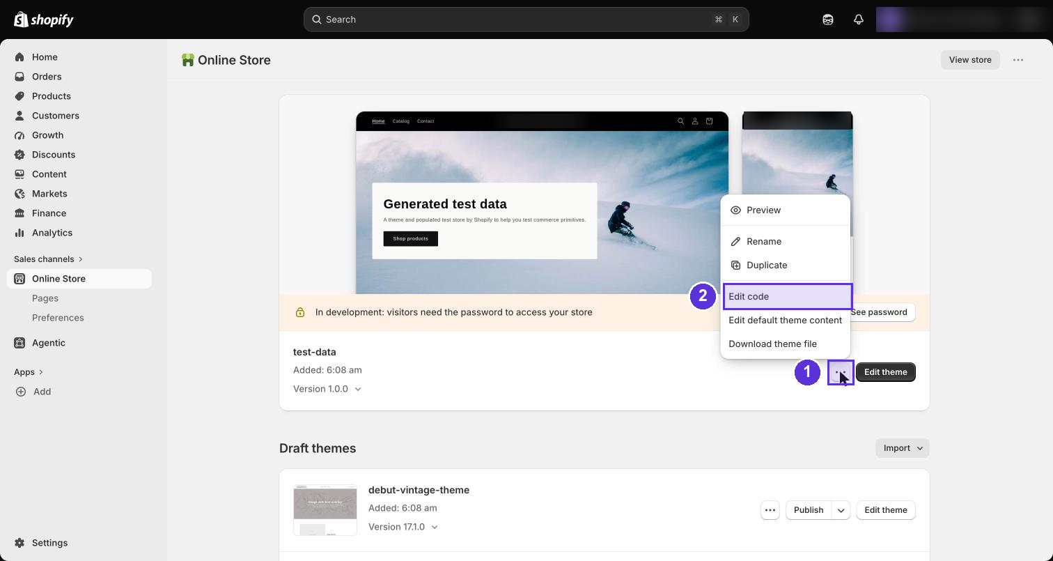 Shopify Themes page with the more-actions menu open and Edit code highlighted