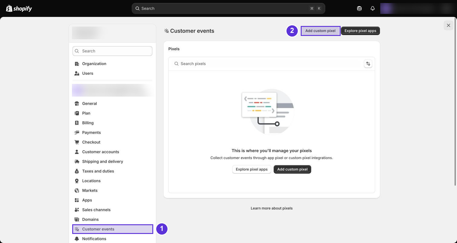 Shopify Customer events settings page with Add custom pixel highlighted