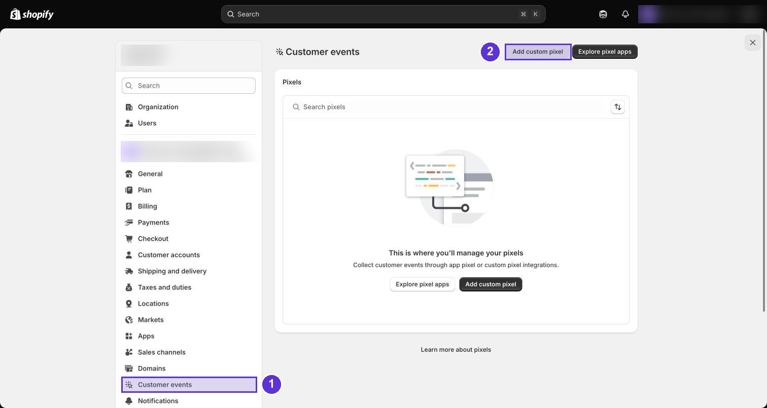 Shopify Customer events settings page with Add custom pixel highlighted