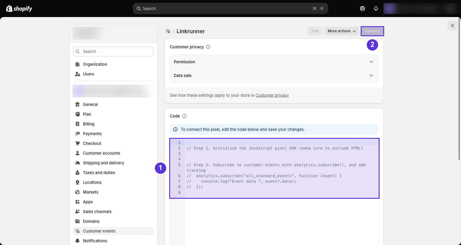 Shopify custom pixel editor showing the empty code box and the Connect button