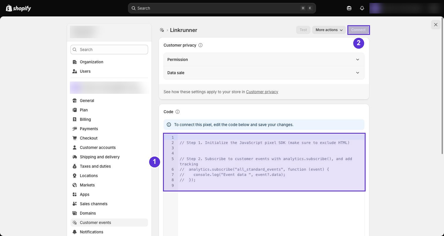 Shopify custom pixel editor showing the empty code box and the Connect button