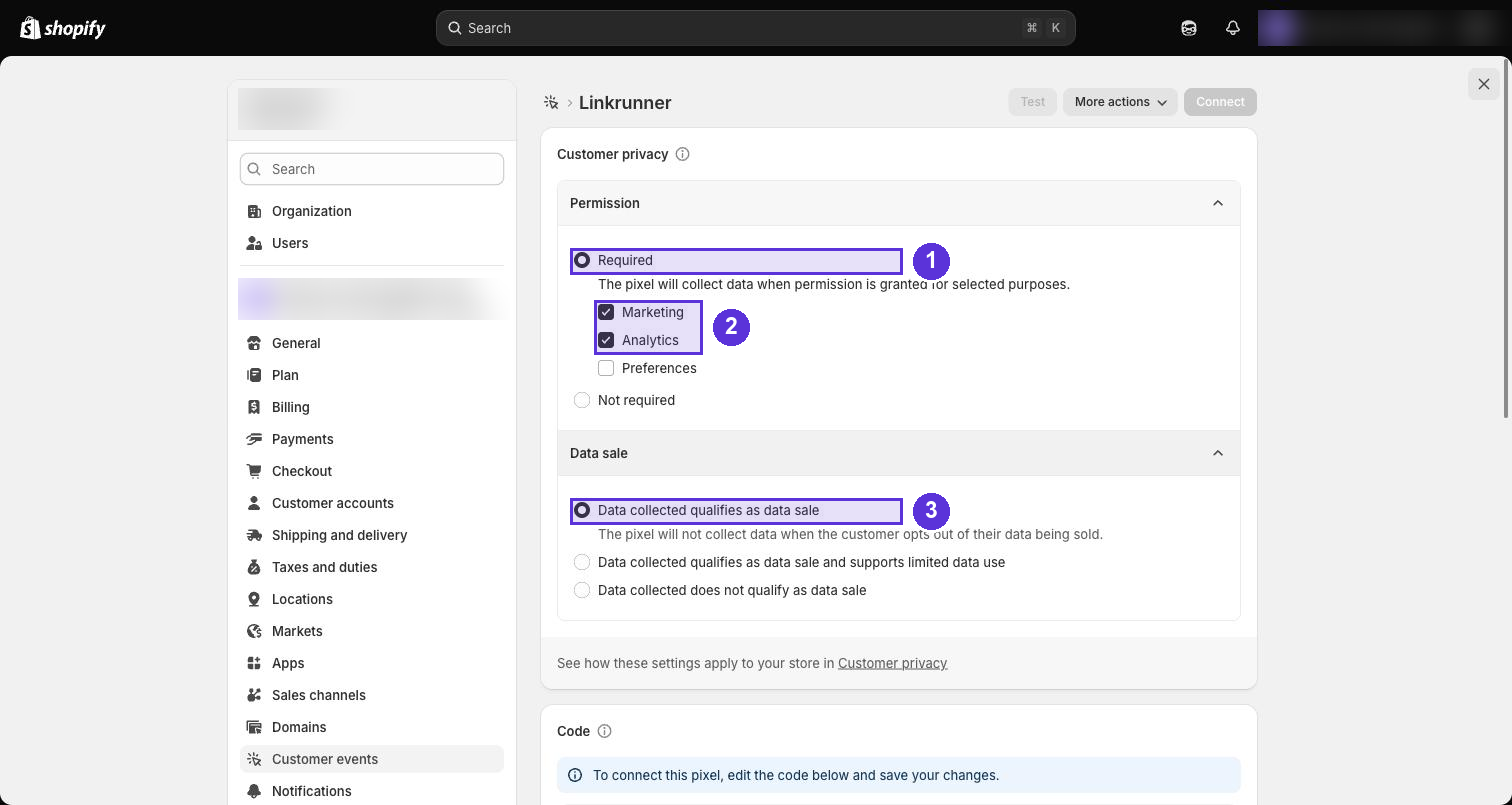 Shopify custom pixel customer privacy settings showing Permission and Data sale options