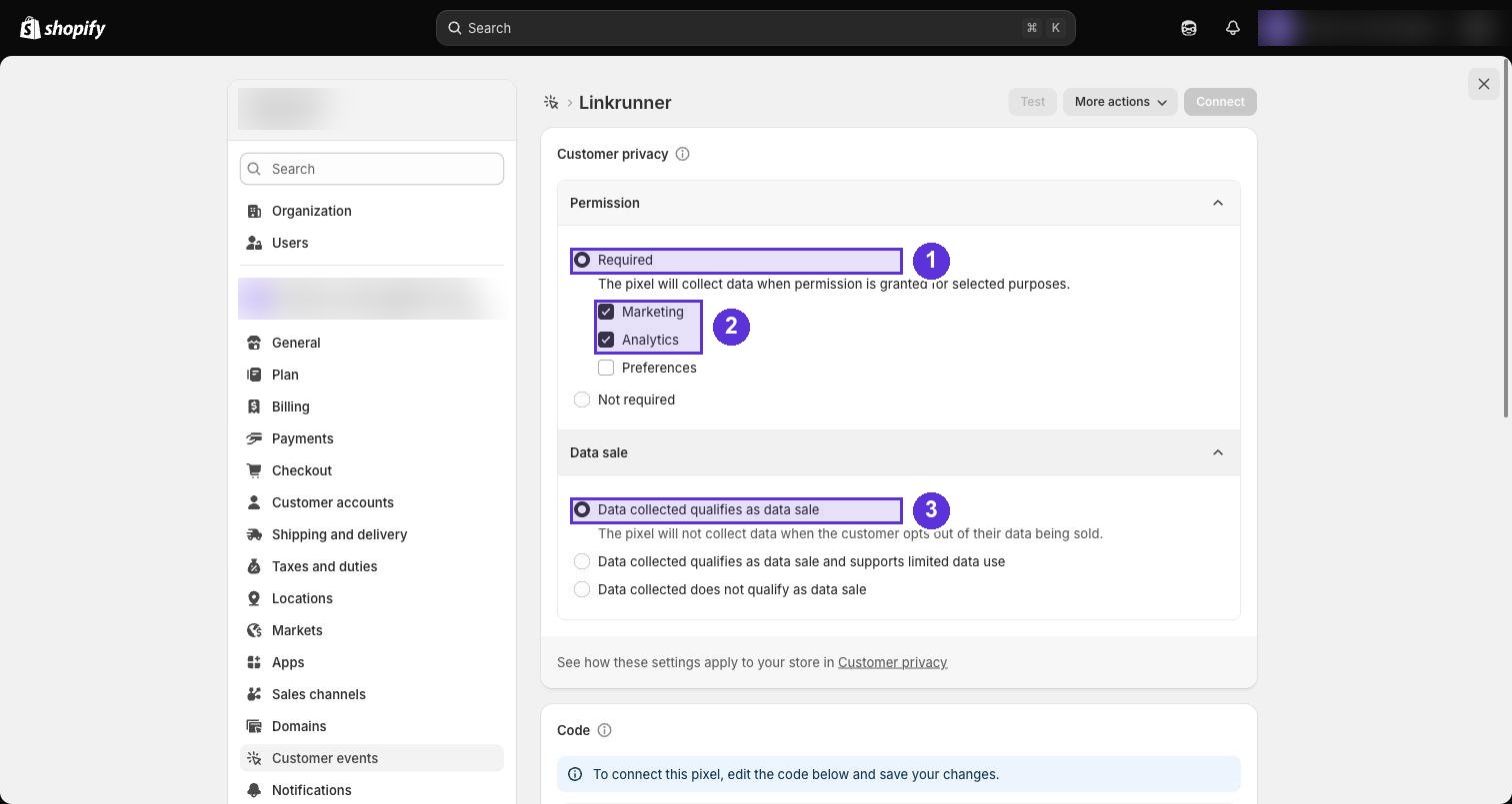 Shopify custom pixel customer privacy settings showing Permission and Data sale options