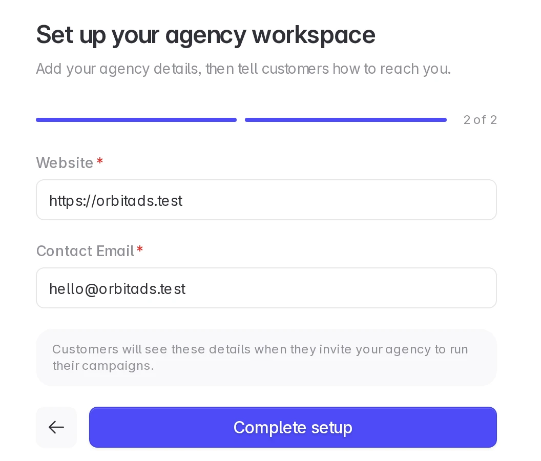 Agency setup, step 2: website and contact email, then Complete setup