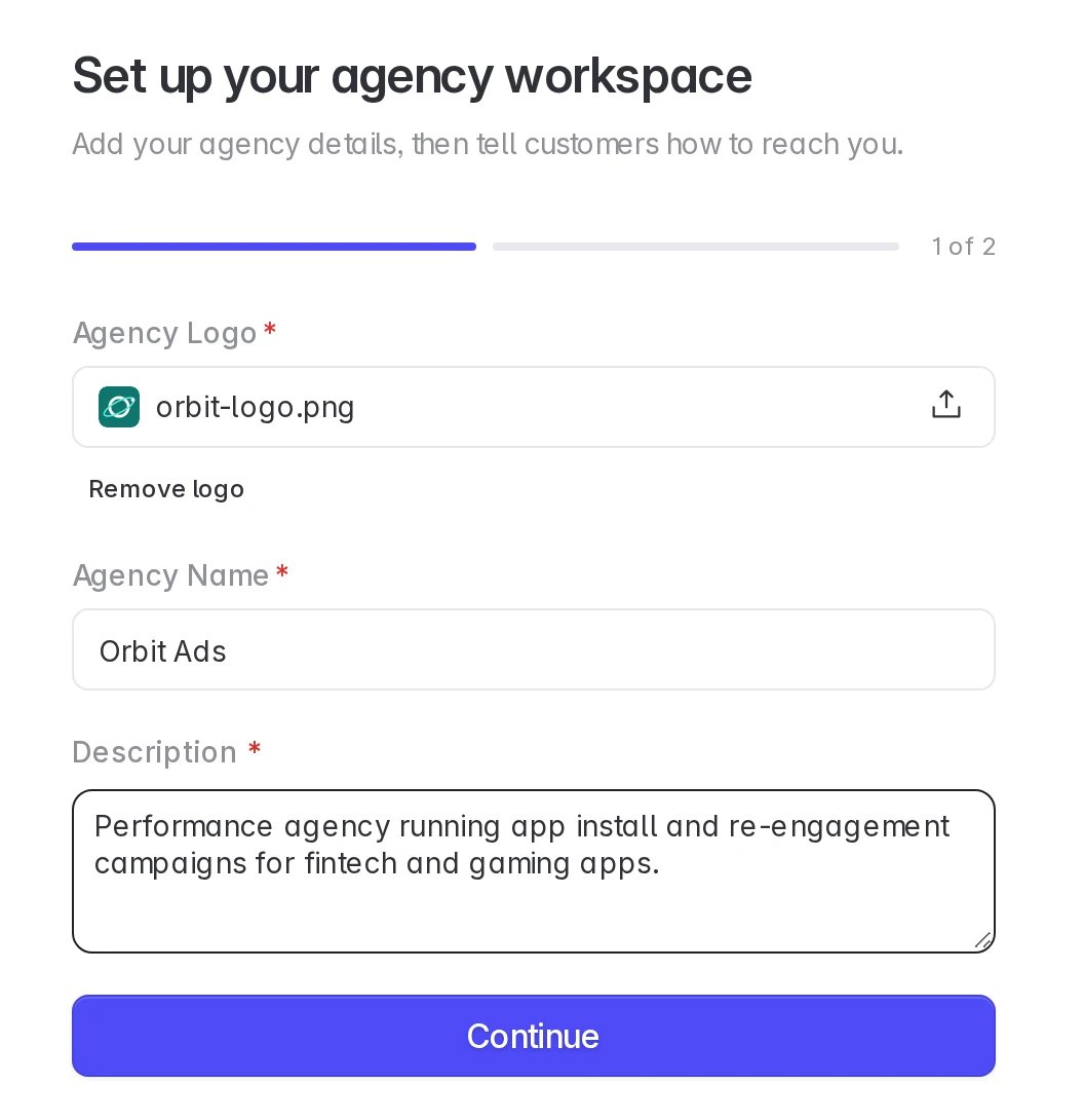 Agency setup, step 1: logo, agency name and description