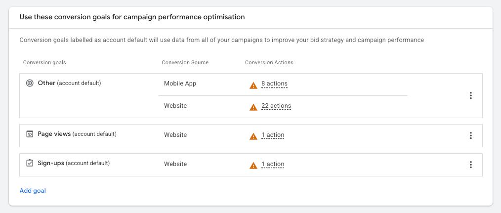 Google Ads screen for selecting conversion goals for campaign performance optimisation