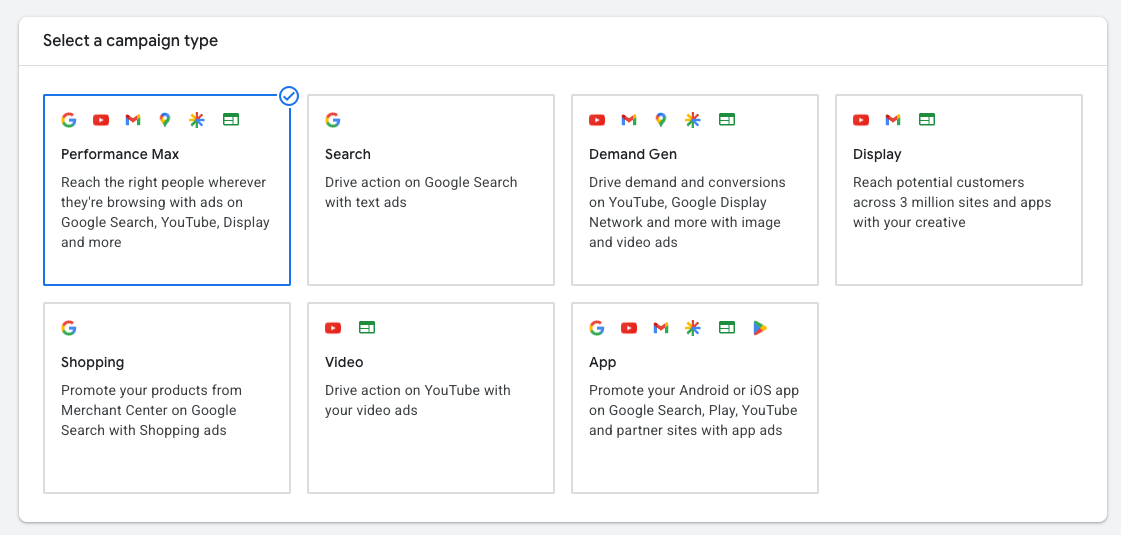 Google Ads campaign type screen with Performance Max selected