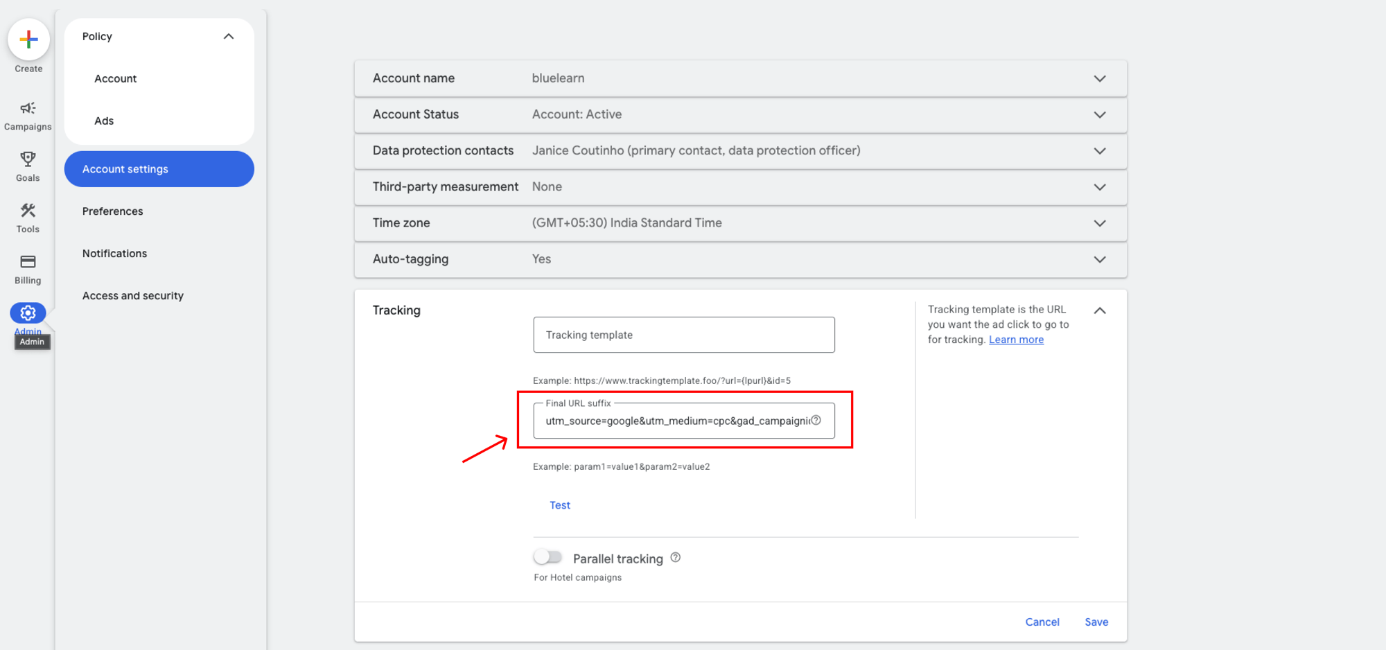Google Ads account settings showing the Tracking section with the Final URL suffix field