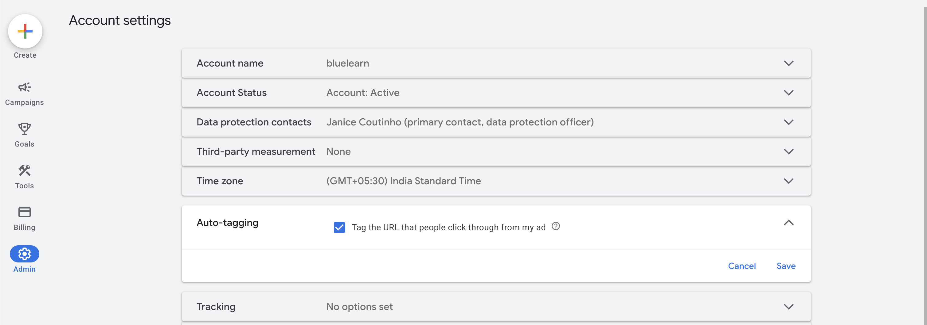Google Ads account settings with auto-tagging enabled