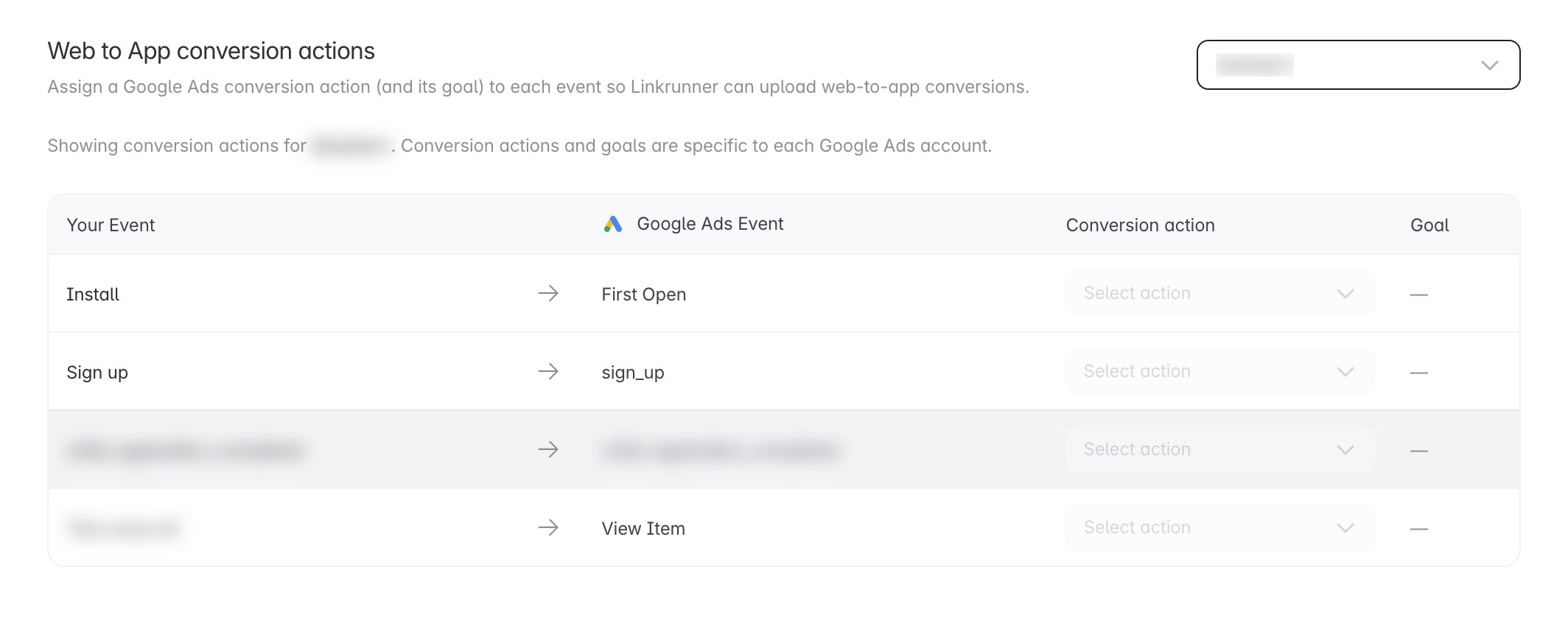 Web to App conversion actions table mapping each of your events to a Google conversion action, with a Goal column