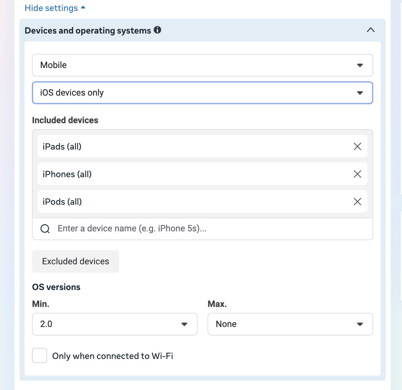 Meta device settings with iOS devices only selected, included devices, and minimum OS version controls